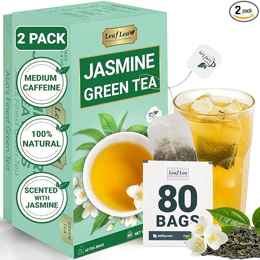 LeafLea 80 Jasmine Green Tea Bags, Green Tea with Natural Jasmine Aroma, Light Focus & Daily Balance, Delicate Floral and Smooth Taste, Caffeinated, Sugar-Free, Non-GMO, Vegan, Individually Wrapped