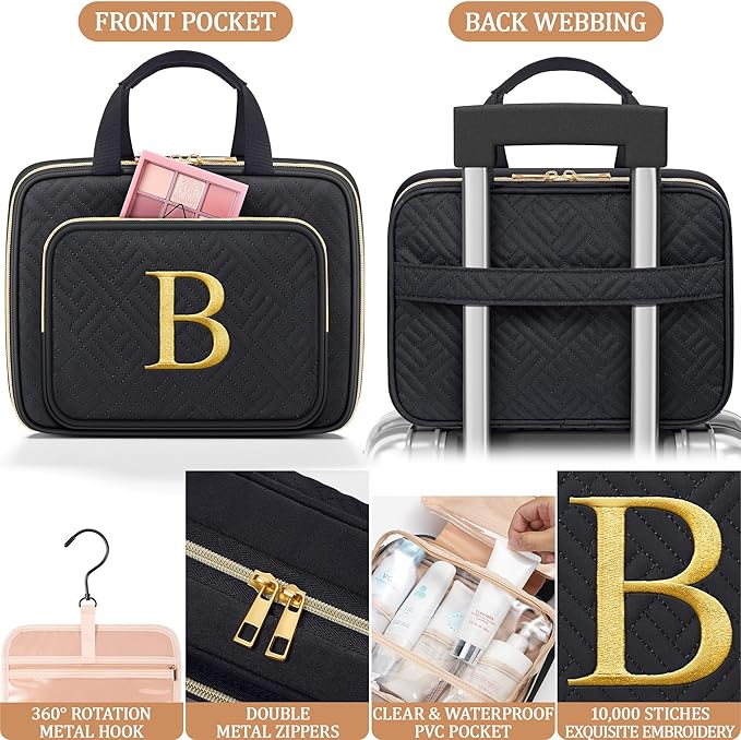 Personalized Gifts for Women, Initial Toiletry Bag Hanging Travel Organizer & Makeup Cosmetic Bag with Embroidery Letter Teacher Appreciation Gift Birthday Christmas Gifts for Mom Wife Friend Sister