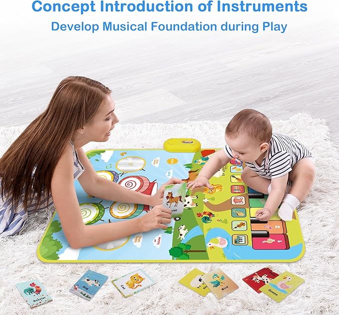 Foki Piano Mats, 3-in-1 Animal Musical Play Mat with Piano & Drum for Montessori Sensory Early Educational Musical Learning Toys, Ideal Birthday Toy for Baby Girls, Boys, Toddlers, Ages 1-5 Years Old