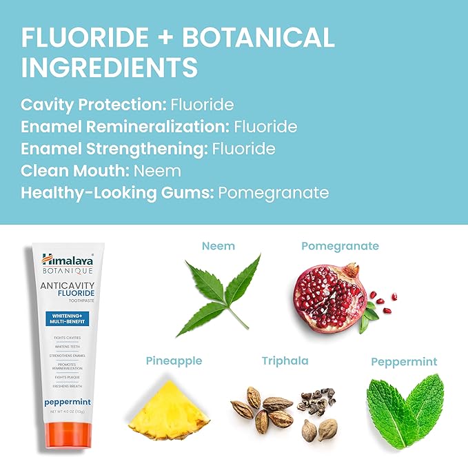 Himalaya Botanique Anticavity Fluoride Toothpaste, Fluoride with Multi-Benefit Support, Fights Cavities, Strengthens Enamel, Promotes Remineralization, Peppermint Flavor, 4 oz