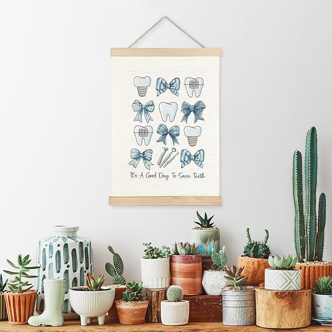 FDHSPAAM Blue Dental Wall Art Decor, Dental Office Decor, Dentist Gifts for Women, Coquette Bow Teeth Dental Assistant Wall Decor Posters for Hospital Doctor Office, 12x16 Inch