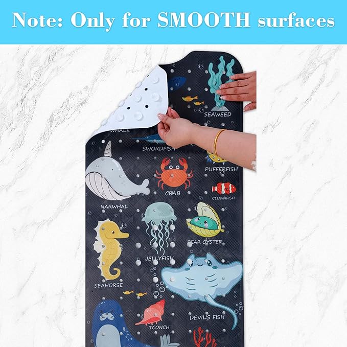 Bath Mat for Tub Non Slip, Machine Washable Anti-Slip Cartoon Baby Bathtub Shower Mat with Drain Holes and Suction Cups for Toddler & Kids, 40 Inch x 16 Inch, Navy Sea Animals