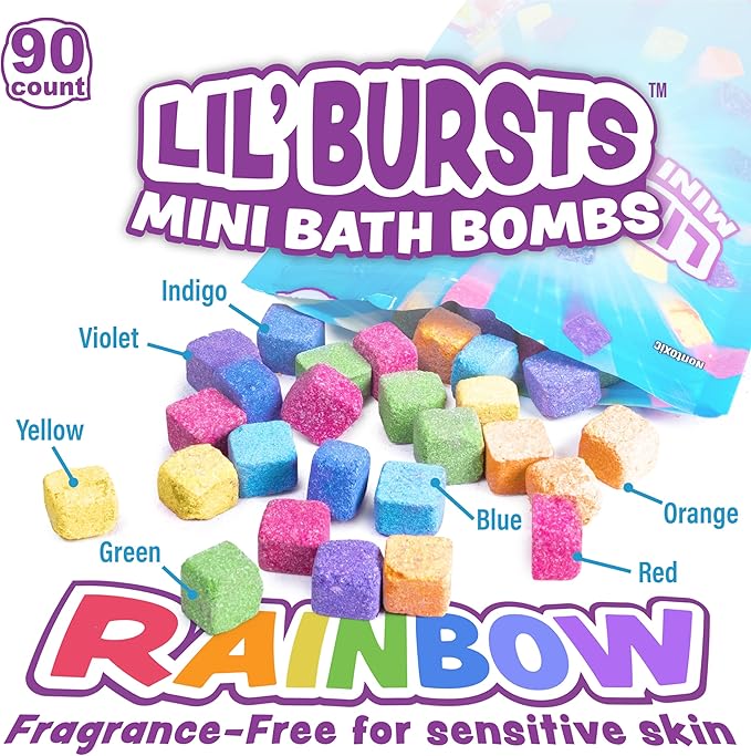 Tub Works® Lil' Bursts™ Mini Bath Bombs for Kids, 90 Count, Rainbow | Nontoxic | Tiny Kids Bath Bombs with A Burst of Color, Foam & Bubbles | Customize Toddler Bath with 7 Colors | Make Bathtub Art