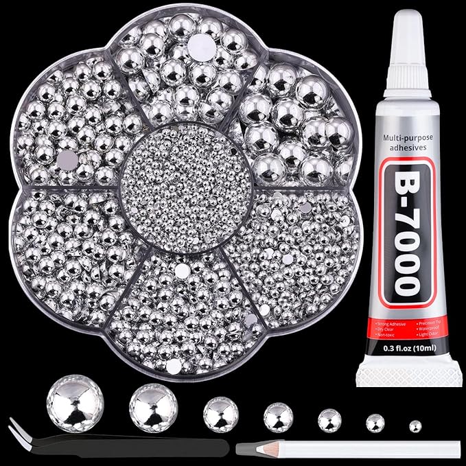 Nail Art Flat Back Half Round Pearl Kits, Mixed Sizes 6000 Pcs with B7000 Jewelry Glue Silver Small Pearls for Nails with Picking Tools for Graduation Cap Decorations Home DIY Body Face Craft Use