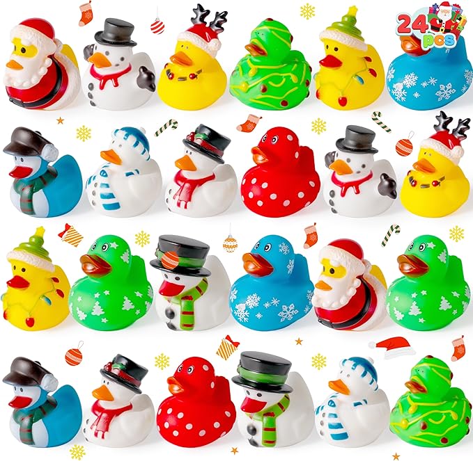 JOYIN 24 PCS Christmas Ducks Baby Bathtub Toys, Assorted Xmas Rubber Duckies for Kids Gifts, Ducky Toddler Bath Toys Rubber Duck Bulk for Stocking Stuffers Party Favor Baby Shower Pool Toys