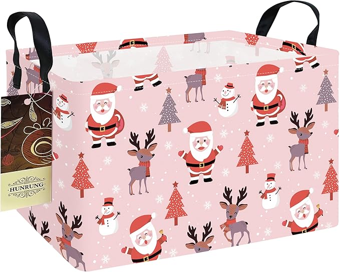 HUNRUNG Rectangle Storage Basket Cute Canvas Organizer Bin for Pet/Children Toys, Books, Clothes Perfect for Rooms/Playroom(REC-Pink Father Christmas)