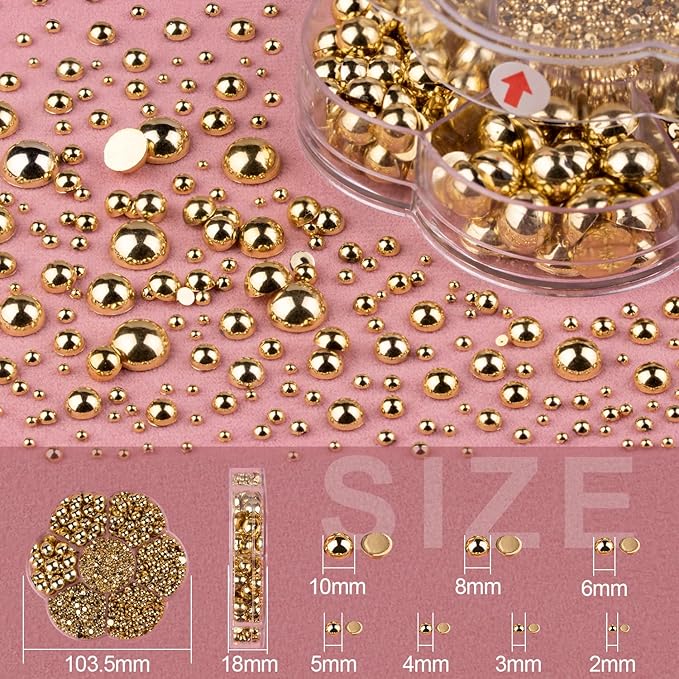 Nail Art Flat Back Half Round Pearl Kits, Mixed Sizes 6000 Pcs with B7000 Jewelry Glue Gold Small Pearls for Nails with Picking Tools for Graduation Cap Decorations Home DIY Body Face Craft Use