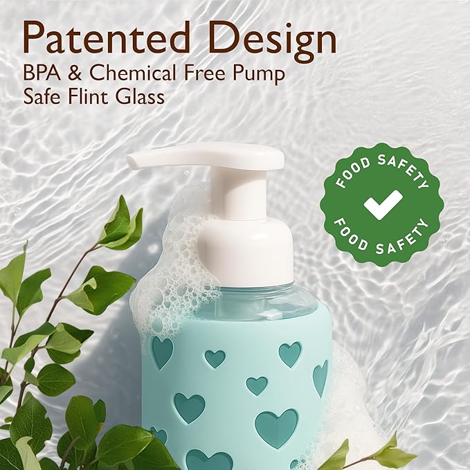 SoCal Suds & Company Glass Foaming Hand Soap Dispenser, Heart Silicone Sleeve, Refillable Pump Bottle for Kids, Baby Wash & Shampoo, Ideal for Home Use, Sea Glass 8oz