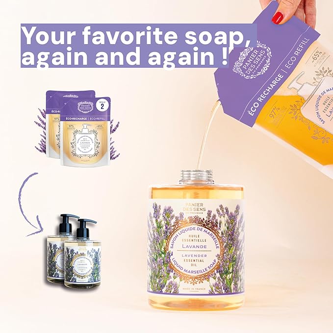 Panier des Sens - Liquid Hand Soap Refills - Lavender Foaming Hand Soap - French Moisturizing Hand Wash with Coconut Oil - Kitchen & Bathroom - Soft Soap Refill 97% Natural - 34 Fl.oz