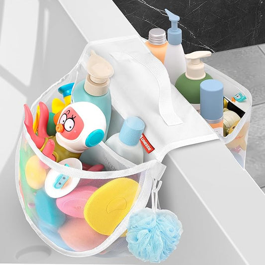 UNEEDE Bath Toy Storage Saddle Shape 2 Compartments,Quick Access丨Wide Opening Bathtub Toy Organizer for Tub,Nylon Mesh Shower Holder and Tub Storage Organizer for Kids,Easy to Clean and Install