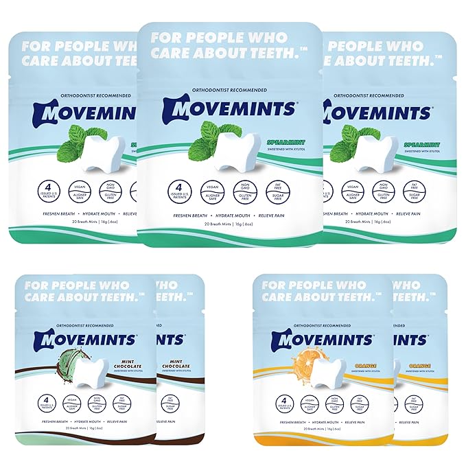 Movemints Clear Aligner Mints - Patented, Edible Alternative to Chewies - Freshen Breath and Improve Dry Mouth with Xylitol - Variety (7 Pack)