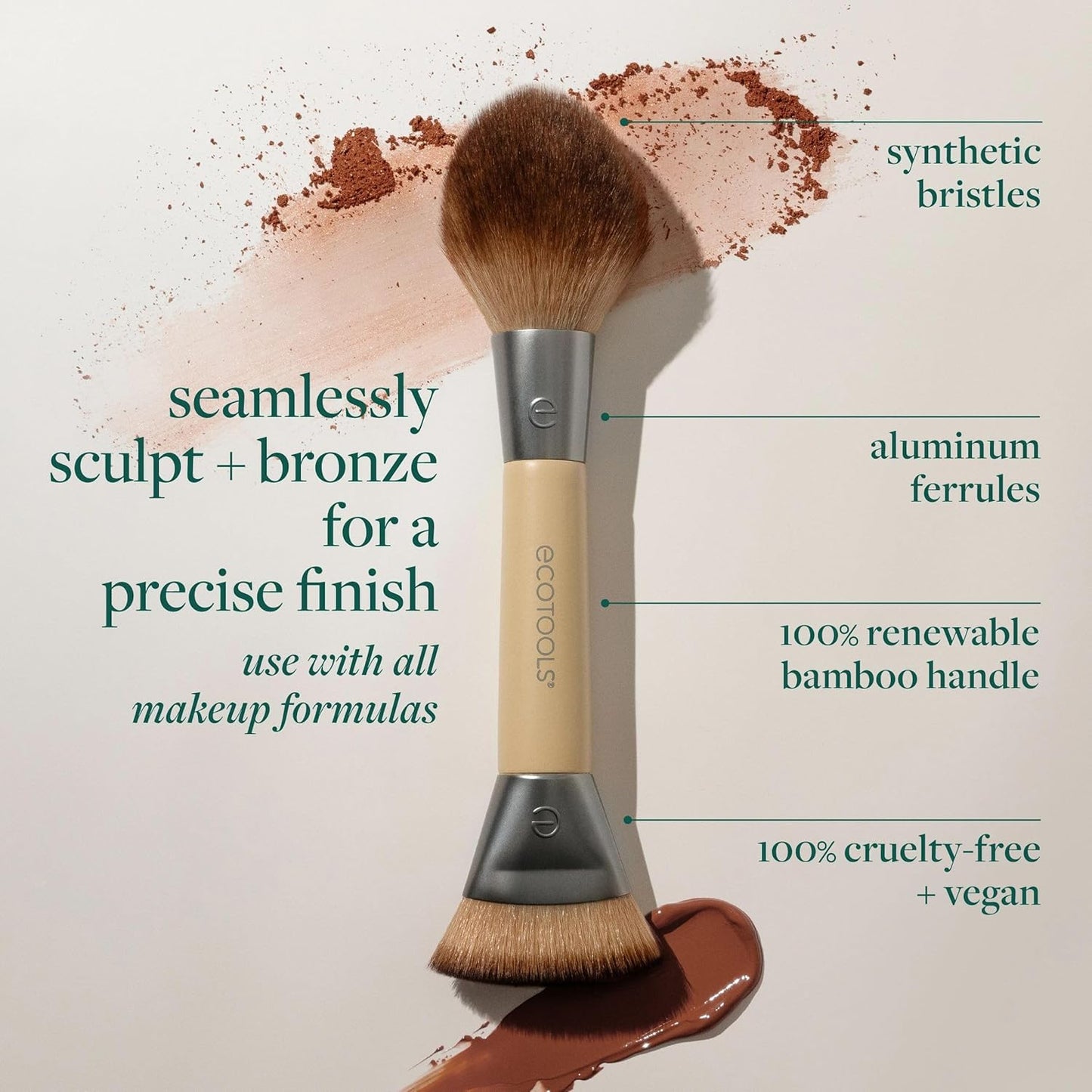 EcoTools Sculpt + Bronze Dual-Ended Makeup Brush, Fluffy Bronzer & Dense Contour Brush for Liquid, Cream & Powder Face Makeup, Travel-Friendly, Vegan & Cruelty-Free, Eco-Friendly Handle, 1 Count