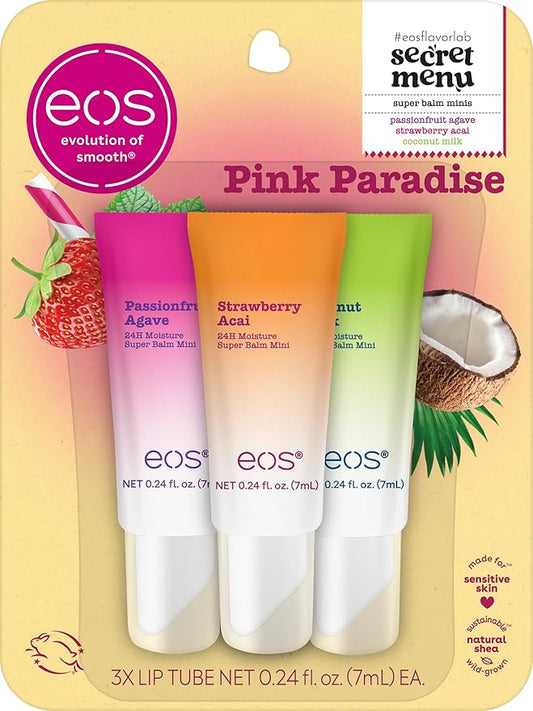eos 24H Moisture Super Balms Minis- Pink Paradise, Limited-Edition, Nourishing, Dry Lips, Variety Pack Mini, Lip Balms, 0.169 fl oz, 3-Pack