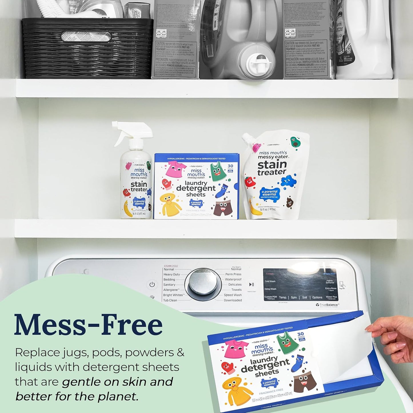 Miss Mouth's Messy Eater Laundry Detergent Sheets - 60 Loads Travel Friendly Detergent Sheets - Hypoallergenic, Sensitive Skin Safe, Pediatrician and Dermatologist Tested, Fragrance Free