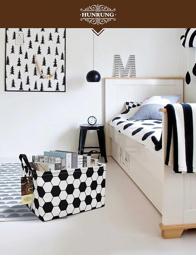 HUNRUNG Rectangle Storage Basket Cute Canvas Organizer Bin for Pet/Children Toys, Books, Clothes Perfect for Rooms/Playroom(REC-Football)