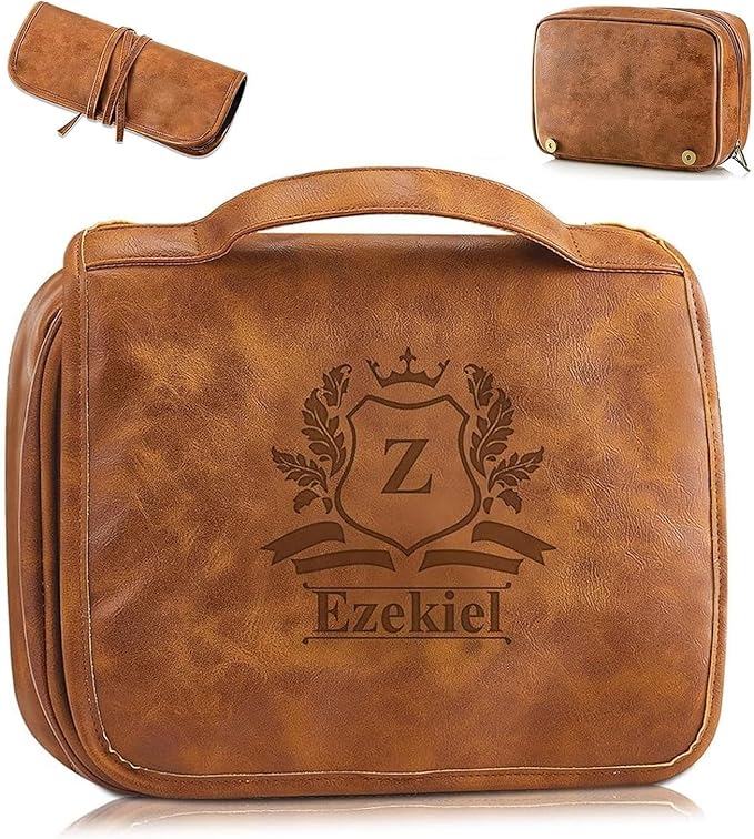 Bleggeit 3-in-1 Large Personalized PU Leather Toiletry Bag For Men, Custom Groomsmen Gifts Hanging Travel Organizer Bag, Laser Engraved Name Monogram Shaving Kit Gift For Him Husband Father Dad Dop