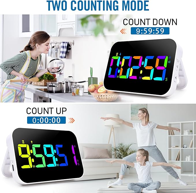 Kitchen Timer （1.5" Number） 10 RGB Color Changing Digital Magnetic Timer, Countdown/Up, Rechargeabilit, 3 Brightness Display, 3 Volume Levels and Vibration Mode, for Classroom, Study, Fitness