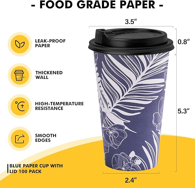 16 oz Disposable Coffee Cups with Lids 100 Pack, Hot Paper Coffee Cups with Lids, To Go Cup with Lid