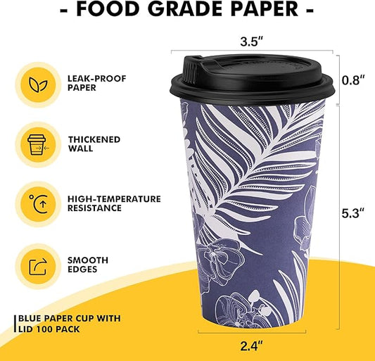 16 oz Disposable Coffee Cups with Lids 100 Pack, Hot Paper Coffee Cups with Lids, To Go Cup with Lid