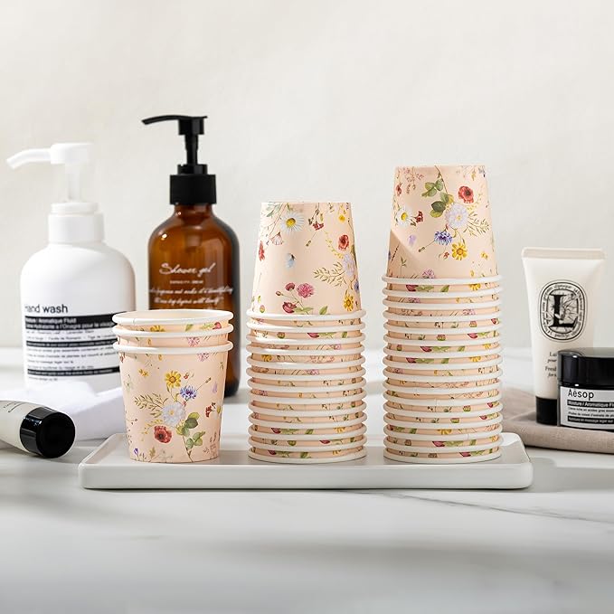 Crisky 3oz Bathroom Cups[300 Pack] Disposable Paper Dixie Cup, Elegant Vintage Floral Small Mouthwash Cups, Hot/Cold Beverage Coffee, Dessert for Birthday Parties, Home-use, Picnics, Ceremonies