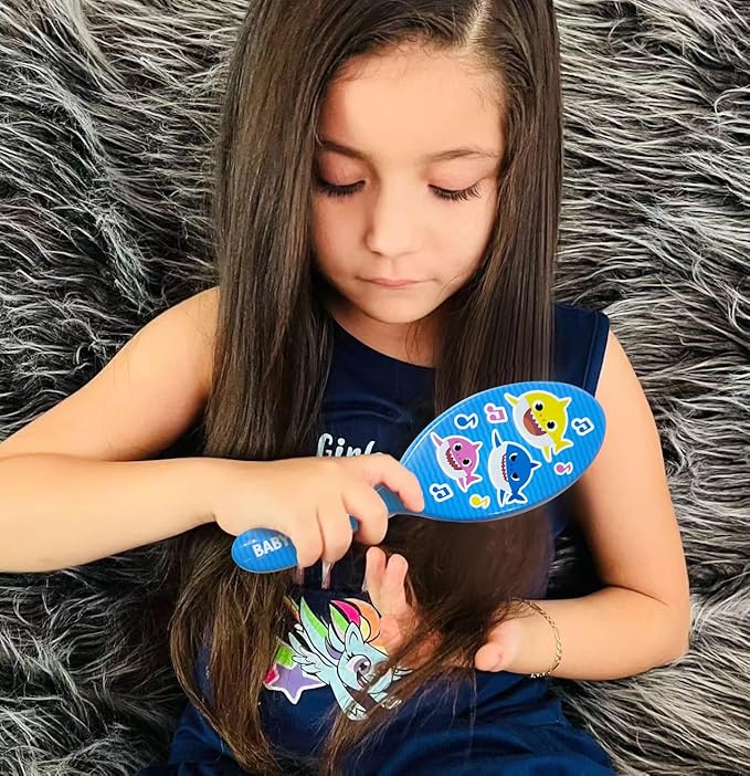 Baby Shark Hair Accessory Set: 9-inch Regular Detangling Brush, 4 Elastic Hair Ties & Scrunchies for Kids