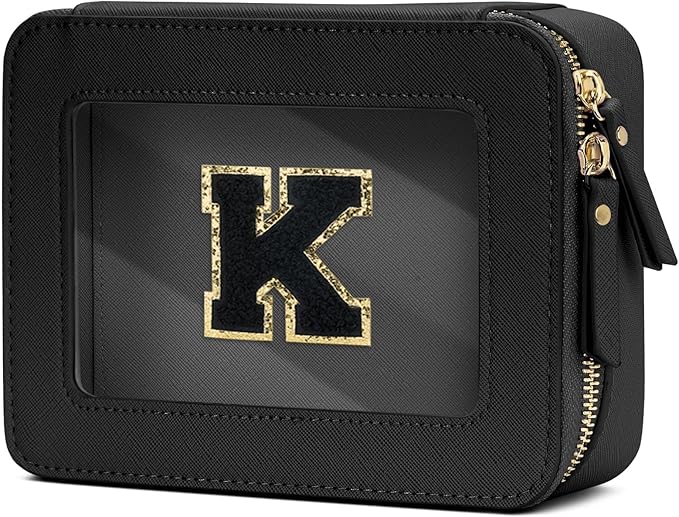 Initial Travel Toiletry Bag - Cosmetic Bags for Girls with Zipper, Clear & Potable Makeup Bag for Travel, Cosmetic Pouch Perfect Gifts for Graduation (Black, K)