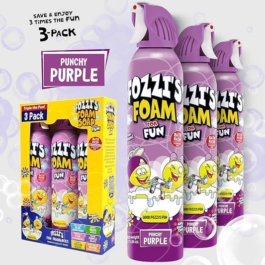 FOZZI’S Punchy Purple Bath Foam Soap for Kids (3 Pack) - Fun Aerosol Spray - Squishy Bubble Soap for Playtime - Gentle Cleanser Foaming Body Wash - Safe Bath Fun for Everyday Wash