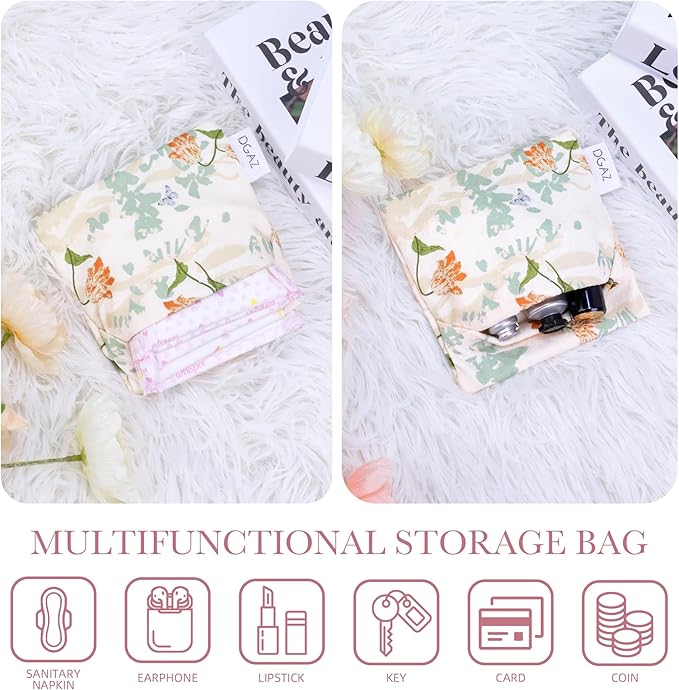 DGAZ Sanitary Napkin Storage Bag, Period Bag for Teen Aged Girls, Portable Period Bag for Panty Liners/Menstrual Cup/Small Tampons，Mini Makeup Bag for Purse(Orchid Grass)