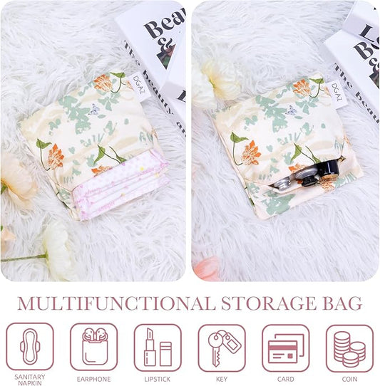 DGAZ Sanitary Napkin Storage Bag, Period Bag for Teen Aged Girls, Portable Period Bag for Panty Liners/Menstrual Cup/Small Tampons，Mini Makeup Bag for Purse(Orchid Grass)