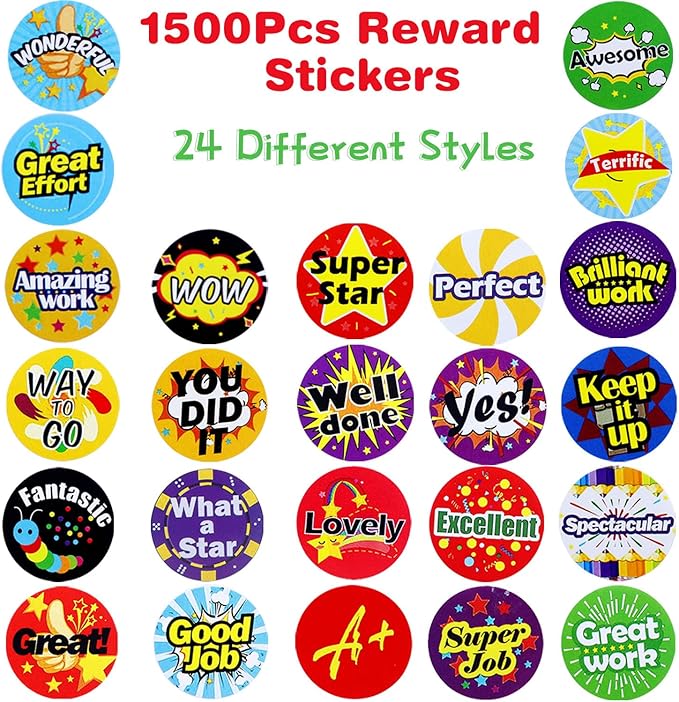 1500Pcs Stickers for Kids Classroom, 24 Design Styles Teacher Students Reward Stickers for School Classroom Supplies