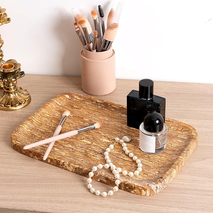 Natural Marble Vanity Tray, 11.8" Travertine/Stone Bathroom Tray Countertop, Golden Stone for Perfume Jewelry Holder, Decorative Dresser Organizer, Storage for Kitchen Sink(Walnut Traver)