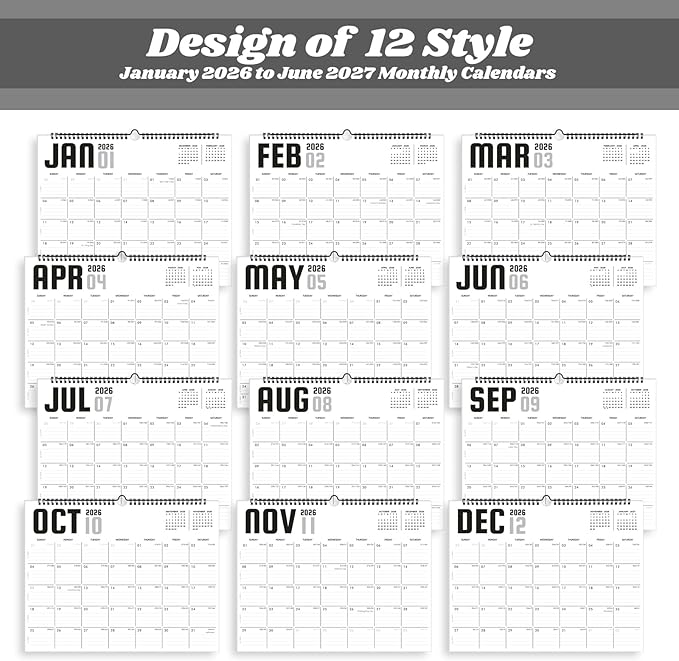 2026 Calendar, Wall Calendar 2026-2027, 18 Month Calendar January 2026 - June 2027, 14.8" X 11.5", Calendar with Twin-Wire Binding, Hanging Hook and Julian Dates (White Style)