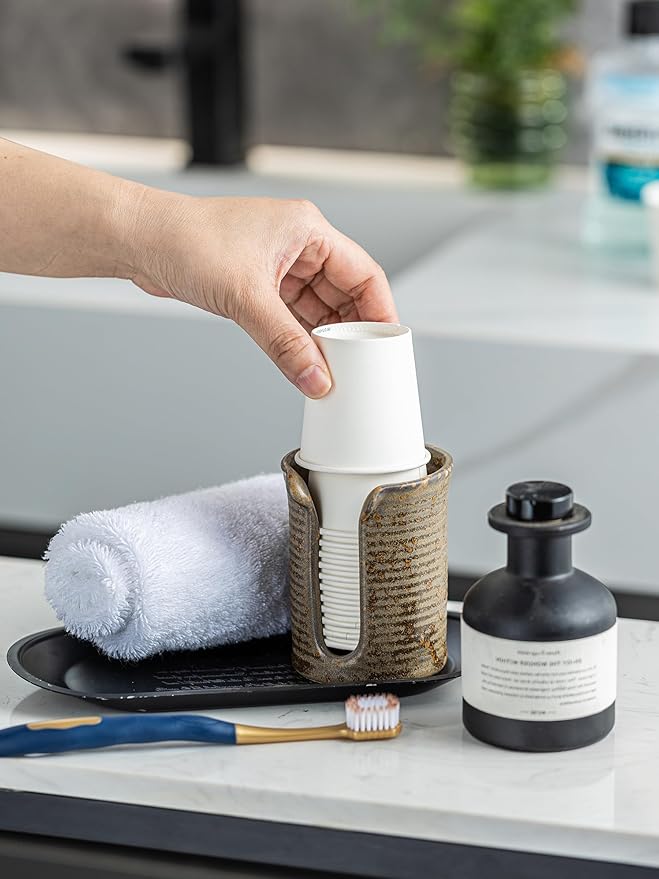 Ceramic Bathroom Cup Dispenser, 3 Oz Mouthwash Cup Dispenser Bathroom Cup Holder for Dixie Cups Rising Cups, Small Disposable Paper Cup Holders, Brown