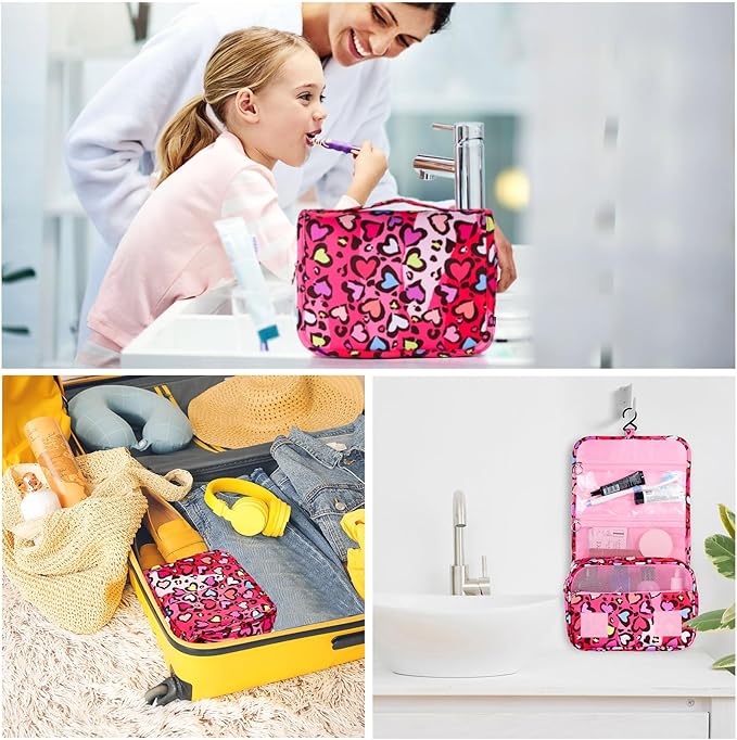 Kids Hanging Toiletry Bag for Girls, Travel Toiletry Bag for Little Young Girls Cosmetic Makeup Waterproof Wash Bag Toddler Traveling Toiletries, Leopard Red