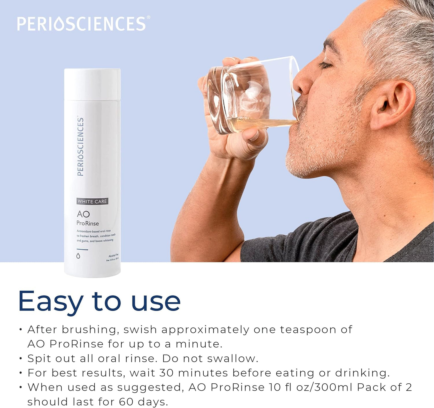 PerioSciences AO ProRinse White Care Whitening Mouthwash with Essential Oils and Antioxidants - Alcohol Free Mouthwash for Post-Whitening Enamel Protection, 10 fl oz/300ml Pack of 2