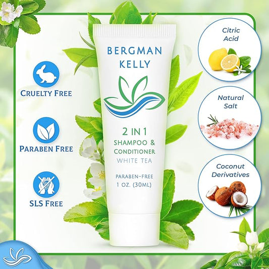 BERGMAN KELLY - Travel Size 2 in 1 Shampoo & Conditioner - 1 fl oz, 200 PK, White Tea - Delight Your Guests w/Revitalizing & Refreshing Shampoo Amenities, Quality Small Size Hotel Toiletries in Bulk