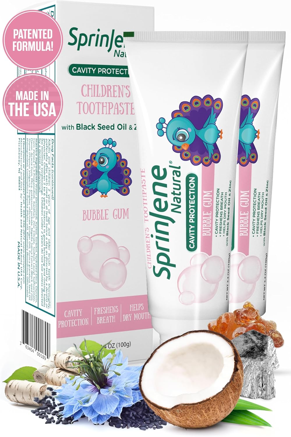 SprinJene Natural Children’s Toothpaste – Fluoride Bubblegum Toothpaste for Kids & Toddlers – Safe Gentle Formula for Cavity Protection – Made in The USA with Black Seed Oil & Zinc (2 Pack)