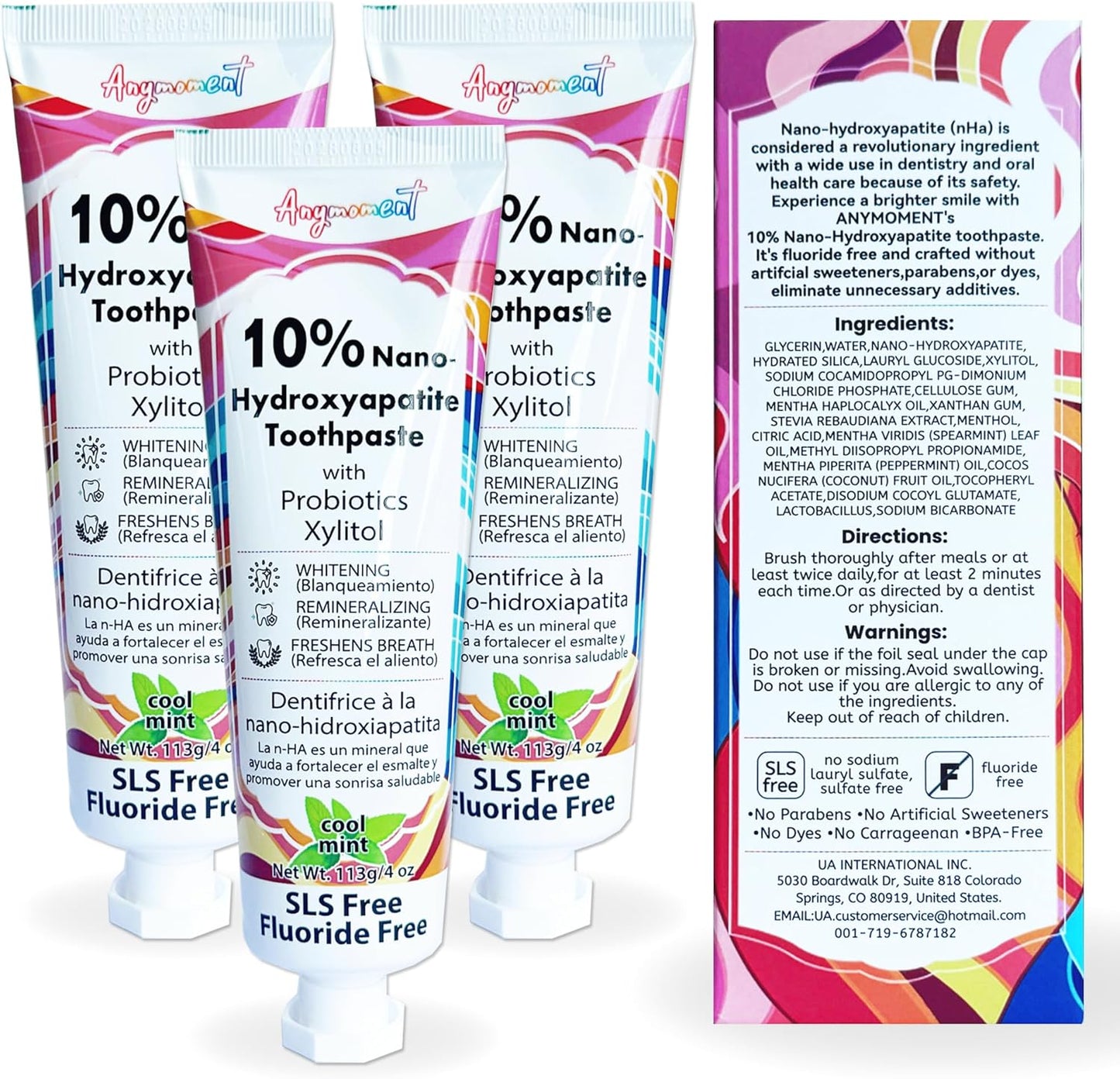 Anymoment 10% Nano Hydroxyapatite Toothpaste (Fluoride Free), Whitening*, Supports Enamel Care*, Appropriate for Sensitive Teeth*, SLS Free, Xylitol nHA Toothpaste for Adults, Mint 4oz (Pack of 3)