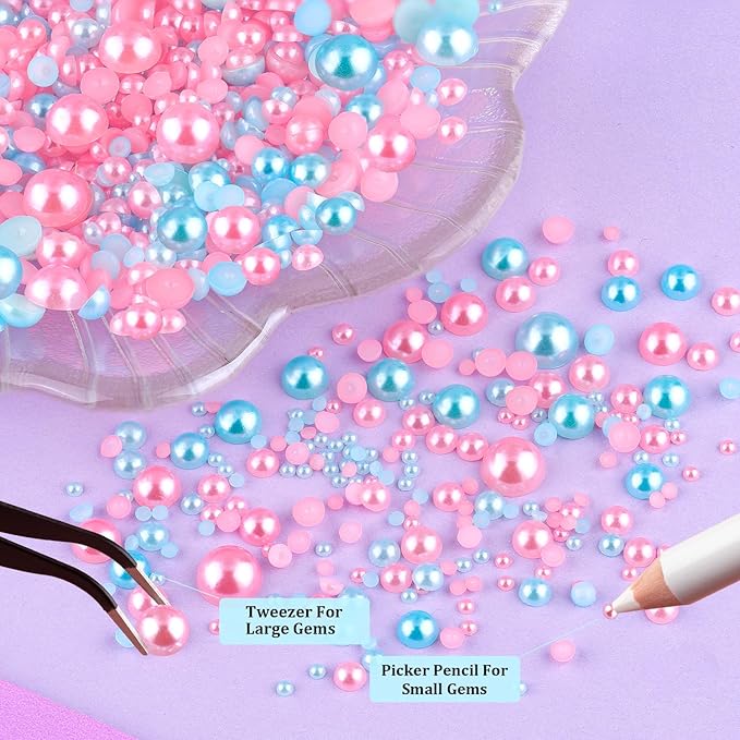 2 Boxes Flat Back Pearls Kit 18 Flatback Pink&Light Blue Half Round Pearls 2-8mm with Pickup Pencil and Tweezer for Home DIY and Professional Nail Art, Face Makeup and Craft