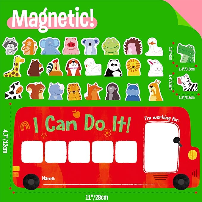“I CAN DO IT” Token Board,Magnetic Reward Chart with 26 Animal Magnets, Red Bus Reward Chart for Kids, Incentive Positive Chart for Good Behavior and Responsibility, Great for Toddlers, Kids, Students