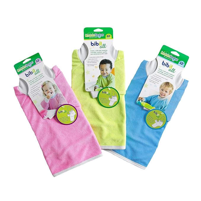 Kiddologic Bibit-all Baby Feeding Bib, Long Sleeves with Ribbed Cuffs and High Collar, Stretchy Pullover Smock, Soft Absorbent Terry, Waterproof Lining, Unisex Toddler 12-36 Months, Fresh Lime (Green)