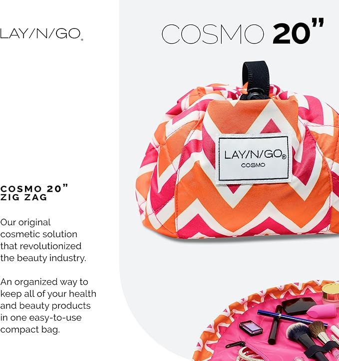 Lay-n-Go Cosmo Layflat Drawstring Cosmetic & Makeup Bag Organizer w/Zipper Pocket, Brush Loops & More, Cinch to Close, Lay Flat to Use, Durable, Machine Wash, Travel Toiletry Bag (20", Zig-Zag)