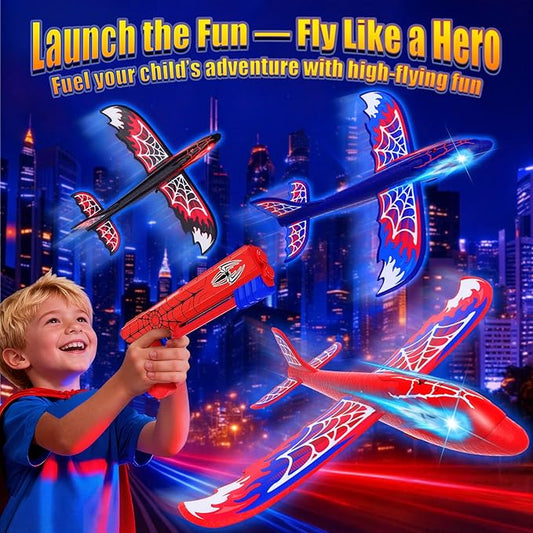 3 Pack Airplane Launcher Toy with Glowing Eyes & Web-Pattern Wings,2 Flight Modes Outdoor Games for Kids,Boys Toys Age 3-12,Birthday Gifts for 3 4 5 6 7 8 9 10 11 12 Year Old,Kids Gift(Red&Blue&Black)