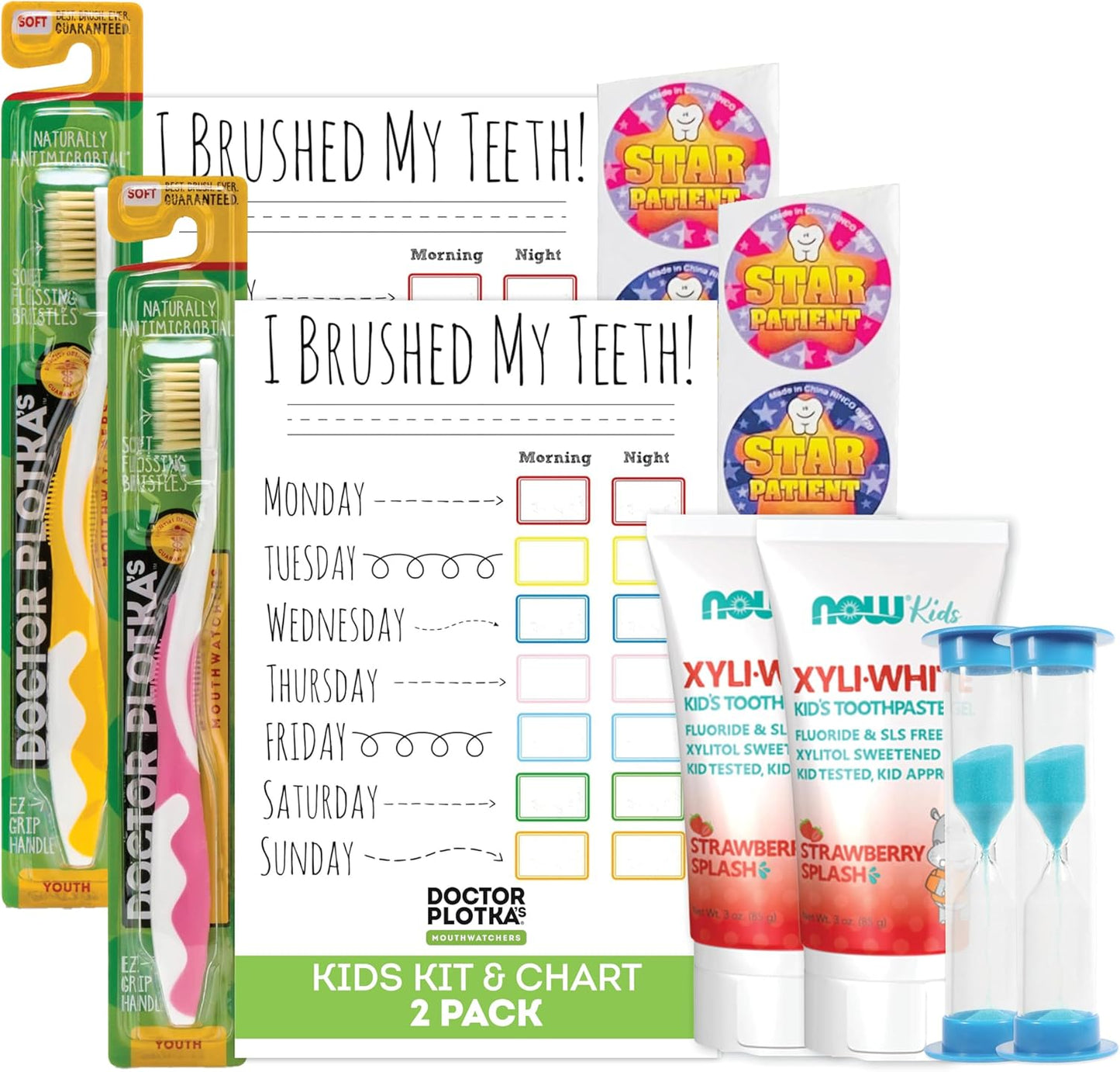 MOUTHWATCHERS Soft Kids Toothbrush, 2 Manual Flossing Toothbrushes and 2 Strawberry, Organic, SLS Free, Fluoride Free Toothpastes, 3 oz, Gift Set, by Dr. Plotka's