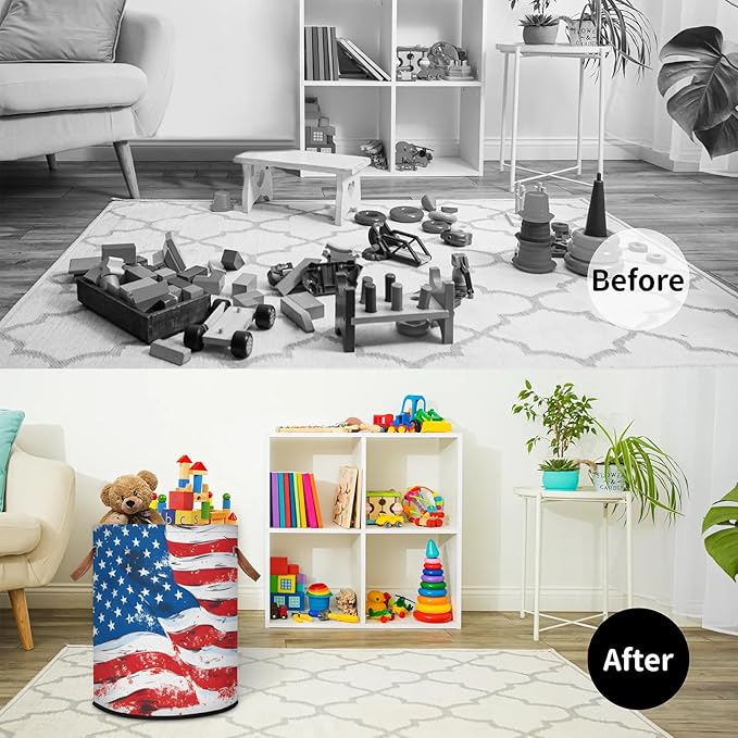 62L Flag Laundry Basket for Clothes Books Toys Adult Kids Rotundity Laundry Hampers Bin for Bathroom Kitchen Hotel