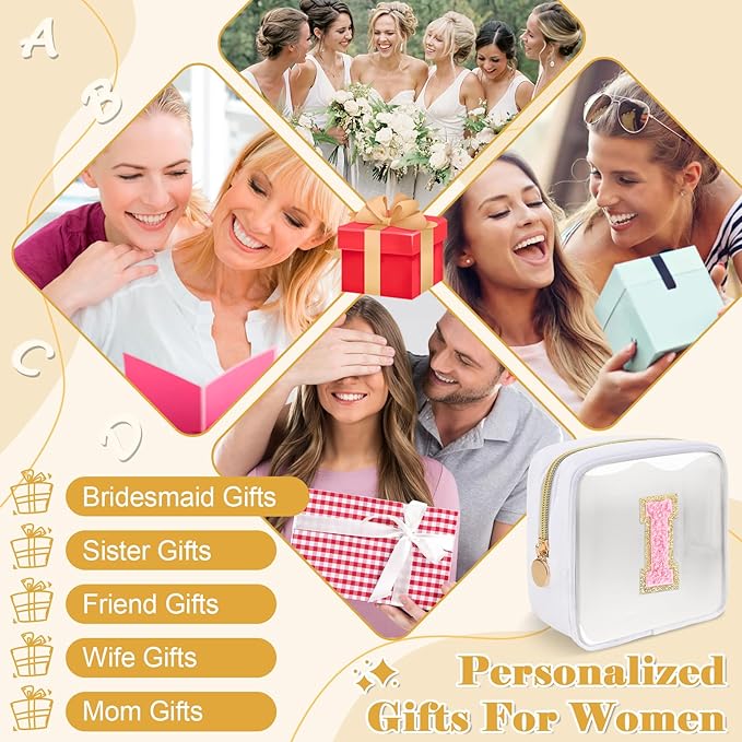 Personalized Initial Letter Clear Preppy Makeup Bag,Mini Nylon Chenille Letter Cosmetic Bag Cute Zipper Pouch Purse for Teen Girls,Portable TSA Approved Beach Travel Essentials Bag Gift for Women,I