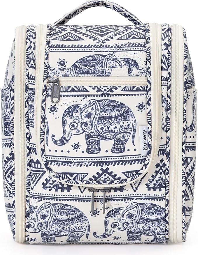 Narwey Small Hanging Toiletry Bag Women Travel Makeup Bag Organizer Toiletries Bag for Travel Size Essentials Accessories Cosmetics (Medium, Elephant)