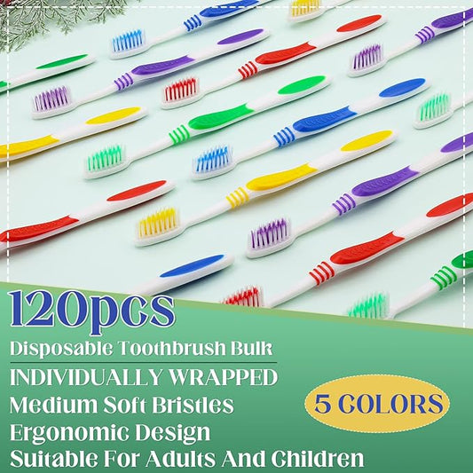 120 Pcs Toothbrush Bulk Disposable, Travel Toothbrushes Pack, Soft Bristle Individually Wrapped and Good Cleaning for Kids, Adult and The Elderly. Suitable for Hotel, Travel, Home, Donated