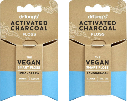 DrTung's Vegan Activated Charcoal Floss - Natural Dental Floss, PTFE & PFAS Free, Gentle on Gums, Expands & Stretches, BPA Free - Lemongrass Flavor (Pack of 2)