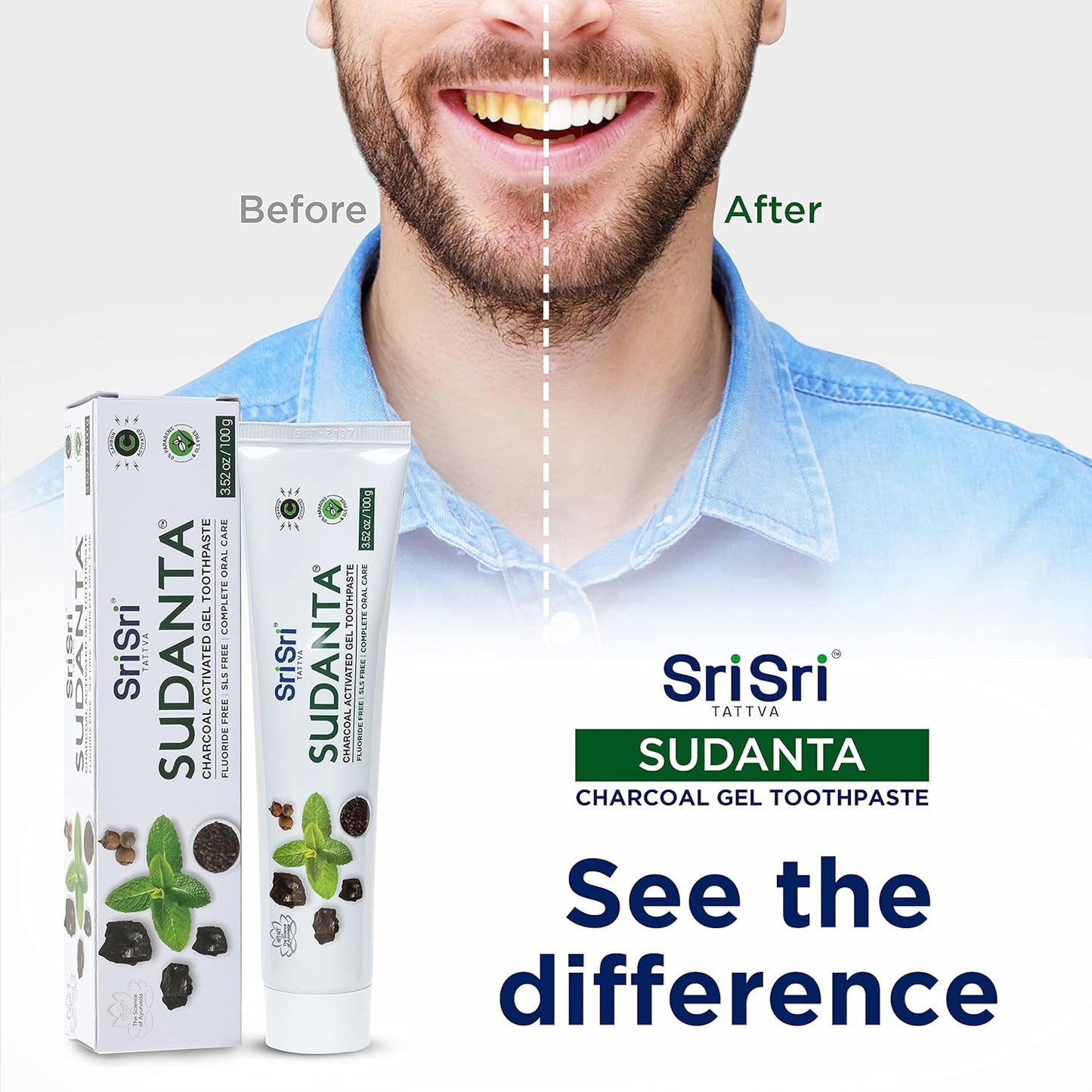 Sri Sri Tattva Sudanta Charcoal Toothpaste Gel – SLS, Fluoride Free Herbal Toothpaste with Neem & Ayurvedic Herbs – Natural Teeth Whitening, Fresh Breath, Oral & Gum Health – 100g Tube (Pack of 2)